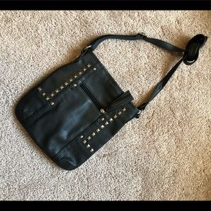 Women’s black leather studded crossbody bag